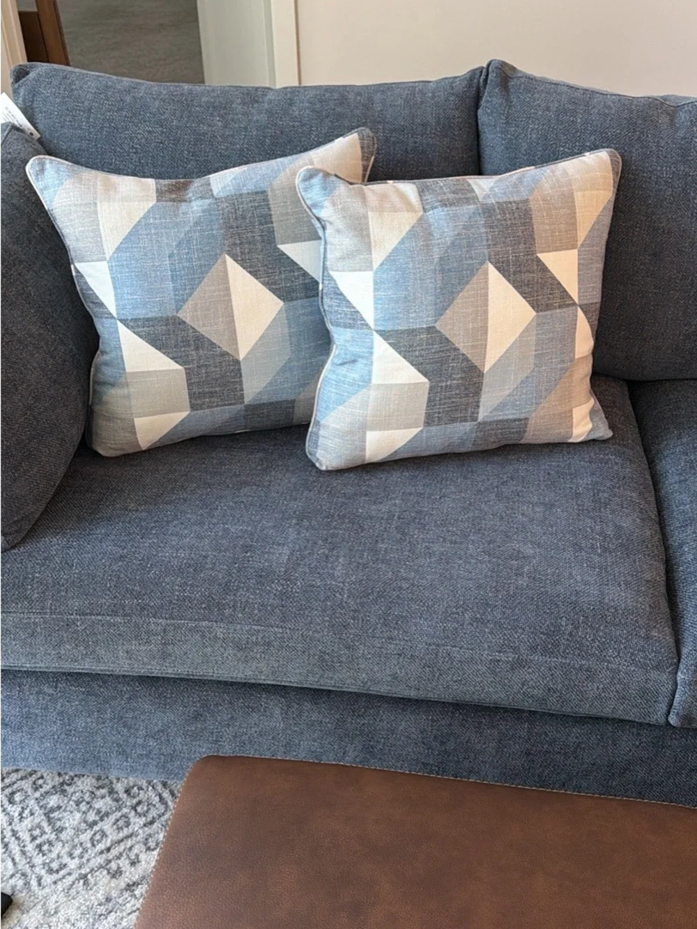 Blue/white geometric patterned 18 inch throw pillows/removable cover set of 2